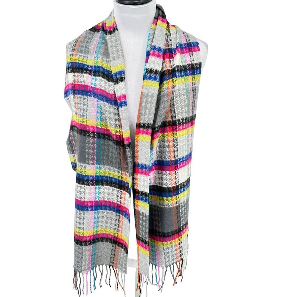 Plaid Scarf Gray Pink Yellow Blue Wool Blend Houndstooth Fringe Scarf‎ Wrap